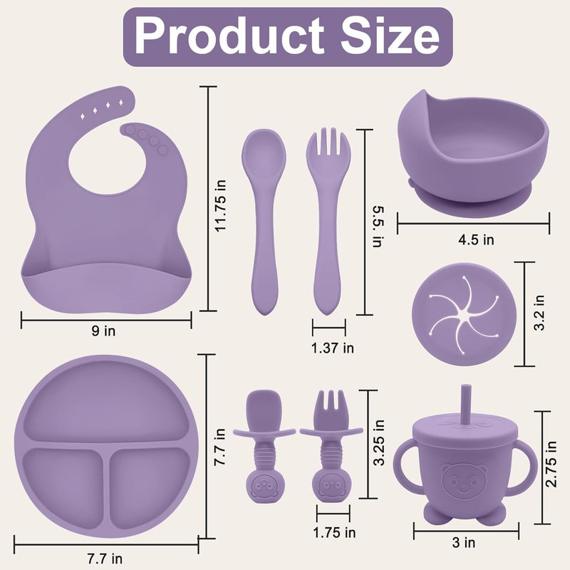 Munlinder Silicone Baby Feeding Set | Baby Led Weaning Supplies Includes Suction Bowls and Divided Plates, Adjustable Bib, Baby Utensils Spoons and Forks,Cup | Baby Feeding Essentials (Purple) - Image 2